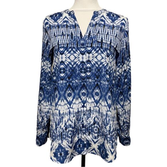 Calvin Klein Kaleidoscope Tie Dye Split Neck Button Down Blouse Small Blue White - Picture 1 of 5